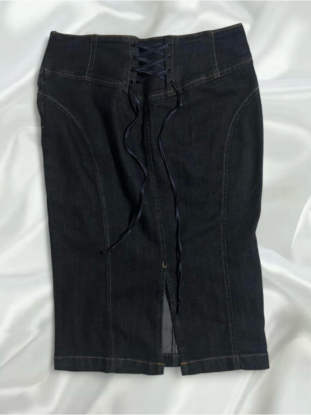 Y2K Bebe Denim Midi Skirt with Lace Up and Slit Detail